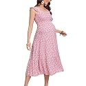 KOJOOIN Womens Maternity Dress Summer Sleeveless Smocked Square Neck Ruffle Casual Boho Midi Dress Baby Shower Photoshoot