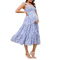 KOJOOIN Womens Maternity Dress Summer Sleeveless Smocked Square Neck Ruffle Casual Boho Midi Dress Baby Shower Photoshoot
