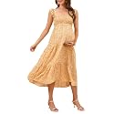 KOJOOIN Womens Maternity Dress Summer Sleeveless Smocked Square Neck Ruffle Casual Boho Midi Dress Baby Shower Photoshoot