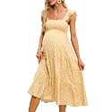 KOJOOIN Womens Maternity Dress Summer Sleeveless Smocked Square Neck Ruffle Casual Boho Midi Dress Baby Shower Photoshoot