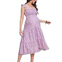 KOJOOIN Womens Maternity Dress Summer Sleeveless Smocked Square Neck Ruffle Casual Boho Midi Dress Baby Shower Photoshoot