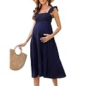 KOJOOIN Womens Maternity Dress Summer Sleeveless Smocked Square Neck Ruffle Casual Boho Midi Dress Baby Shower Photoshoot