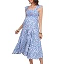 KOJOOIN Womens Maternity Dress Summer Sleeveless Smocked Square Neck Ruffle Casual Boho Midi Dress Baby Shower Photoshoot