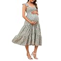 KOJOOIN Womens Maternity Dress Summer Sleeveless Smocked Square Neck Ruffle Casual Boho Midi Dress Baby Shower Photoshoot