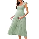 KOJOOIN Womens Maternity Dress Summer Sleeveless Smocked Square Neck Ruffle Casual Boho Midi Dress Baby Shower Photoshoot
