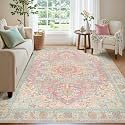 Kokia 5x7 Blush Pink and Blue Vintage Boho Oriental Soft Washable Area Rug