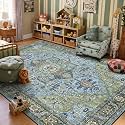 Kokia 6x9 Green and Navy Blue Vintage Boho Oriental Soft Washable Area Rug