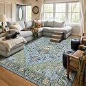 Kokia 9x12 Green and Navy Blue Vintage Boho Oriental Soft Washable Area Rug
