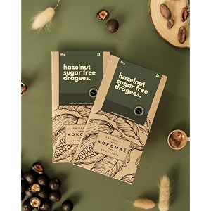 kokomae sugar free hazelnut drages  premium roasted hazelnuts in sugar free milk chocolate  no palm oil  no added sugar  artisanal bean-to-bar  handcrafted in india  50g