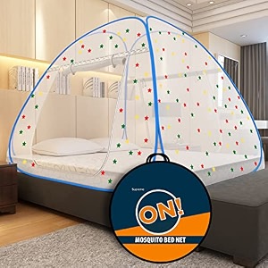supreme on mosquito net for double bed 6 x 65 feet  queen-size premium machardani with 30 star design  30 gsm  strong amp durable  foldable tent type  corrosion resistant frame