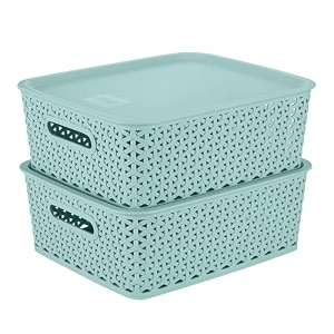 kolorr premium elite rectangular medium size plastic multipurpose storage baskets with lids pack of 3 organiser basket for home kitchen wardrobe toys stationary - mint green