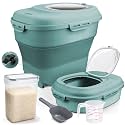 Komzon Rice Storage Bin Cereal Containers, 13-50lb Collapsible Rice Container Dispenser with Transparent Lid, Rolling Wheels, Measuring Cup and Scoop, Airtight Dog Cat Pet Food Storage Container Green