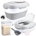 Komzon Rice Storage Bin Cereal Containers, 13-50lb Collapsible Rice Container Dispenser with Transparent Lid, Rolling Wheels, Measuring Cup and Scoop, Airtight Dog Cat Pet Food Storage Container White