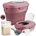 Komzon Rice Storage Bin Cereal Containers, 13-50lb Collapsible Rice Container Dispenser with Transparent Lid, Rolling Wheels, Measuring Cup and Scoop, Airtight Dog Cat Pet Food Storage Container Pink