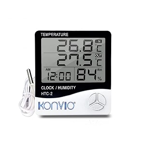 konvio htc-02 room temperature with humidity meter and plastic digital clock with alarmand sensor cable wall mount or table top