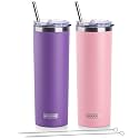 koodee 20 oz Skinny Tumbler (2 Pack) Stainless Steel Double Wall Insulated Water Tumbler Cup with Straw, Slim Travel Tumbler for Women Diy Birthday Gift (Purple-Pink)