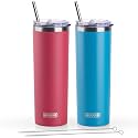 koodee 20 oz Skinny Tumbler (2 Pack) Stainless Steel Double Wall Insulated Water Tumbler Cup with Lid and Straw, Slim Travel for Women Diy Birthday Gift (Wine Red-Sky blue)