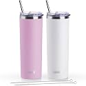 koodee 20 oz Skinny Tumbler (2 Pack) Stainless Steel Double Wall Insulated Water Cup with Straw, Slim Travel mug for Women Diy Birthday Gift (Baby Pink-White)