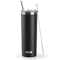 koodee 20 oz Stainless Steel Skinny Tumbler Double Wall Insulated Slim Water Tumbler Cup with Lids, Straws and Straw Brushes (Black)