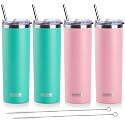 koodee 20 oz Stainless Steel Skinny Tumbler(4 Pack) Double Wall Insulated Water Tumbler Cup with Lids, Straws and Straw Brushe（Teal/2 Pack, Pink/2 Pack）