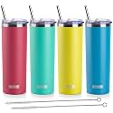 koodee 20 oz Tumbler with Lid and Straw -4 Pack Insulated Skinny Tumblers Stainless Steel Double Wall Water Cup (Yellow/Teal/Sky Blue/Wine Red)