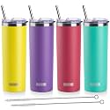 koodee Insulated Coffee Tumbler with Lid and Straw-4 Pack 20 oz Skinny Tumblers, Double Wall Stainless Steel Cup for Women (Yellow/Purple/Wine Red/Teal)