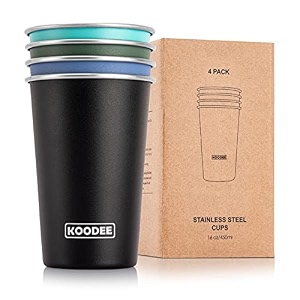 koodee stainless steel cups4 pack16 oz pint tumbler stackable metal drinking glasses for kids and adultsgrass green-black-royal blue-teal