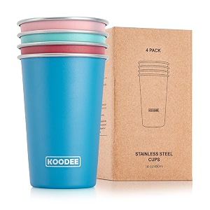koodee stainless steel cups 4 pack 16 oz pint tumbler stackable metal drinking glasses for travel camping outdoorsteal pink sky blue wine red