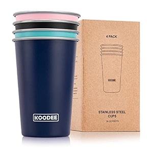 koodee stainless steel cups 4 pack 16 oz pint tumbler stackable metal drinking glasses for travel camping outdoors teal-pink-black-navy