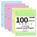 Koogel 100 Sheets Loose Leaf Notebook Paper – 5-Color College Ruled, 3-Hole Punch, 8 x 10.5 Inch for School, Office & Travel Notes
