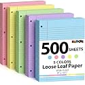 Koogel 500 Sheets Colored Filler Paper, 5 Colors 8 x 10-1/2 Inch Wide Ruled