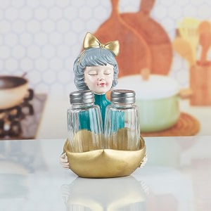 kookee polyresin salt pepper shaker set with tray for dining table 10357