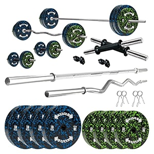 kore premium 20kg camo solid rubber fitness kit with one 3 ft curl  one 5 ft plain and one pair dumbbell rods