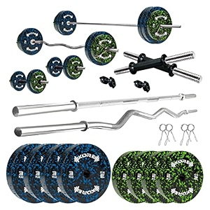 kore premium 20kg camo solid rubber fitness kit with one 3 ft curl  one 3 ft plain and one pair dumbbell rods