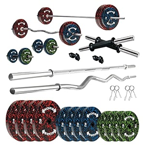 kore premium 40kg camo solid rubber fitness kit with one 3 ft curl  one 3 ft plain and one pair dumbbell rods