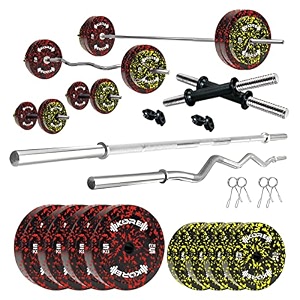 kore premium 30kg camo solid rubber fitness kit with one 3 ft curl  one 5 ft plain and one pair dumbbell rods