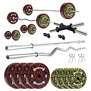 kore premium 30kg camo solid rubber fitness kit with one 3 ft curl  one 3 ft plain and one pair dumbbell rods