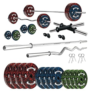 kore premium 40kg camo solid rubber fitness kit with one 3 ft curl  one 5 ft plain and one pair dumbbell rods