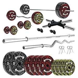 kore premium 50kg camo solid rubber fitness kit with one 3 ft curl  one 5 ft plain and one pair dumbbell rods