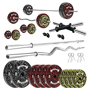 kore premium 50kg camo solid rubber fitness kit with one 3 ft curl  one 3 ft plain and one pair dumbbell rods