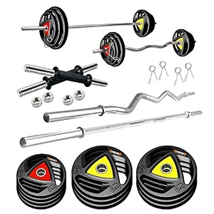 kore professional 40-kg metal integrated rubber plates home gym set with 3 ft curl 4 ft plain and pair of dumbbell rods multicolor