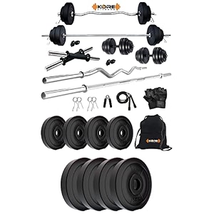 kore pvc 50 kg home gym set with one 3 ft curl  one 5 ft plain rod and one pair dumbbell rods with gym accessories