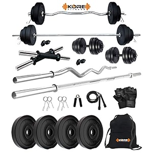 kore pvc 10 kg combo 2 home gym set with one 5 ft plain rod amp one 3 ft curl rod and one pair dumbbell rods with gym accessories black