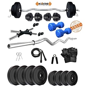 kore pvc 14 kg combo 3 wb with pvc dumbbells home gym set with gym accessories