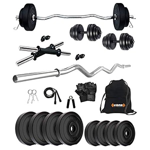 kore pvc 14 kg home gym set with one 3 ft curl rod and one pair dumbbell rods with gym accessories