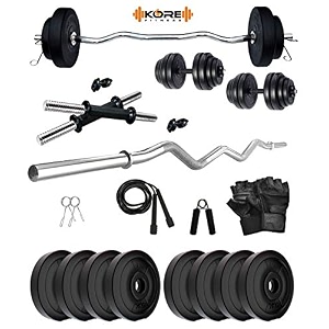kore pvc 16 kg combo 3 home gym set with one 3 ft curl rod and one pair dumbbell rods black