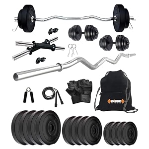 kore pvc 40 kg home gym set with one 3 ft curl and one pair dumbbell rods with gym bag amp accessories