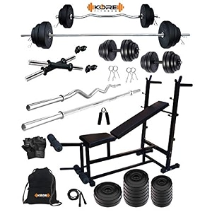 kore pvc 40 kg home gym set with one 3 ft curl  one 5 ft plain rod and one pair dumbbell rods comes with 6 in 1 bench and gym accessories