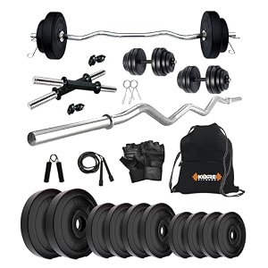 kore pvc 50 kg home gym set with one 3 ft curl and one pair dumbbell rods with gym bag amp accessories black