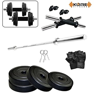 kore pvc combo 44-wb home gym set with one 3 ft curl rod and one pair dumbbell rods comes with gym accessories 12